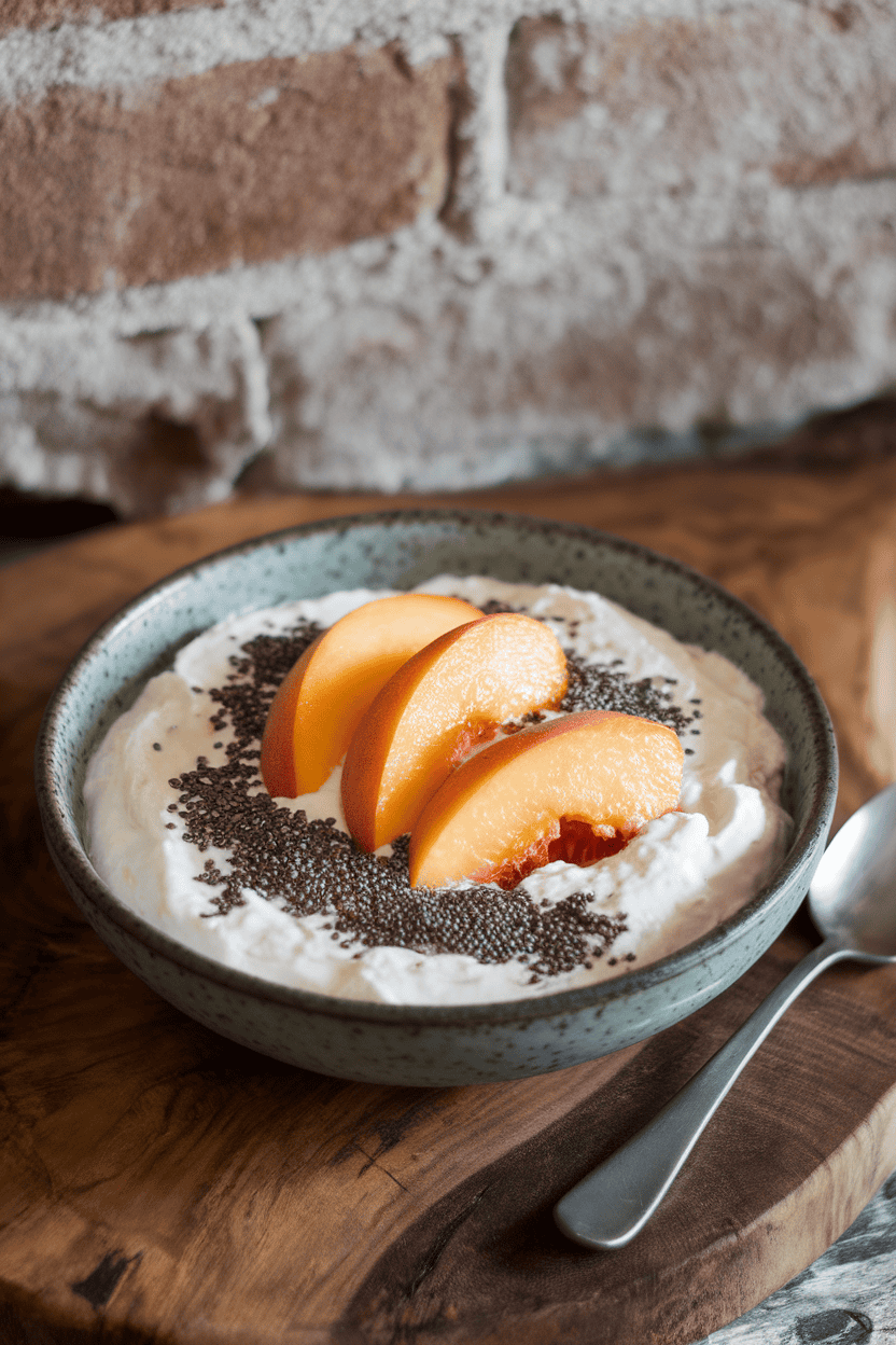 An indoor breakfast table showing a shallow bowl of creamy cottage cheese topped with ripe peach wedges and a scattering of chia seeds. No logos or text. Photo only.