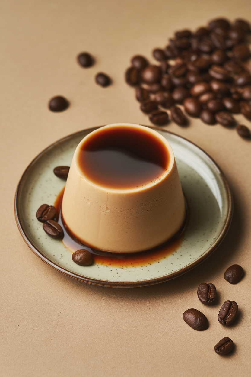 Indoor photo of espresso-colored panna cotta on a small plate with coffee beans scattered nearby; subtle reflection on the creamy surface; no text or logos. Photo, not illustration.