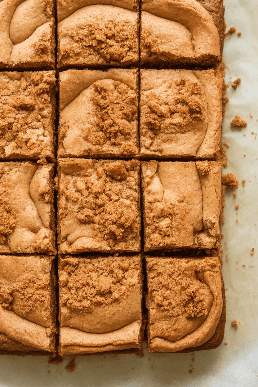 Indoor photo of cinnamon-sugar topped blondie squares arranged on parchment, a few crumbs scattered; bright but cozy light; no text or logos