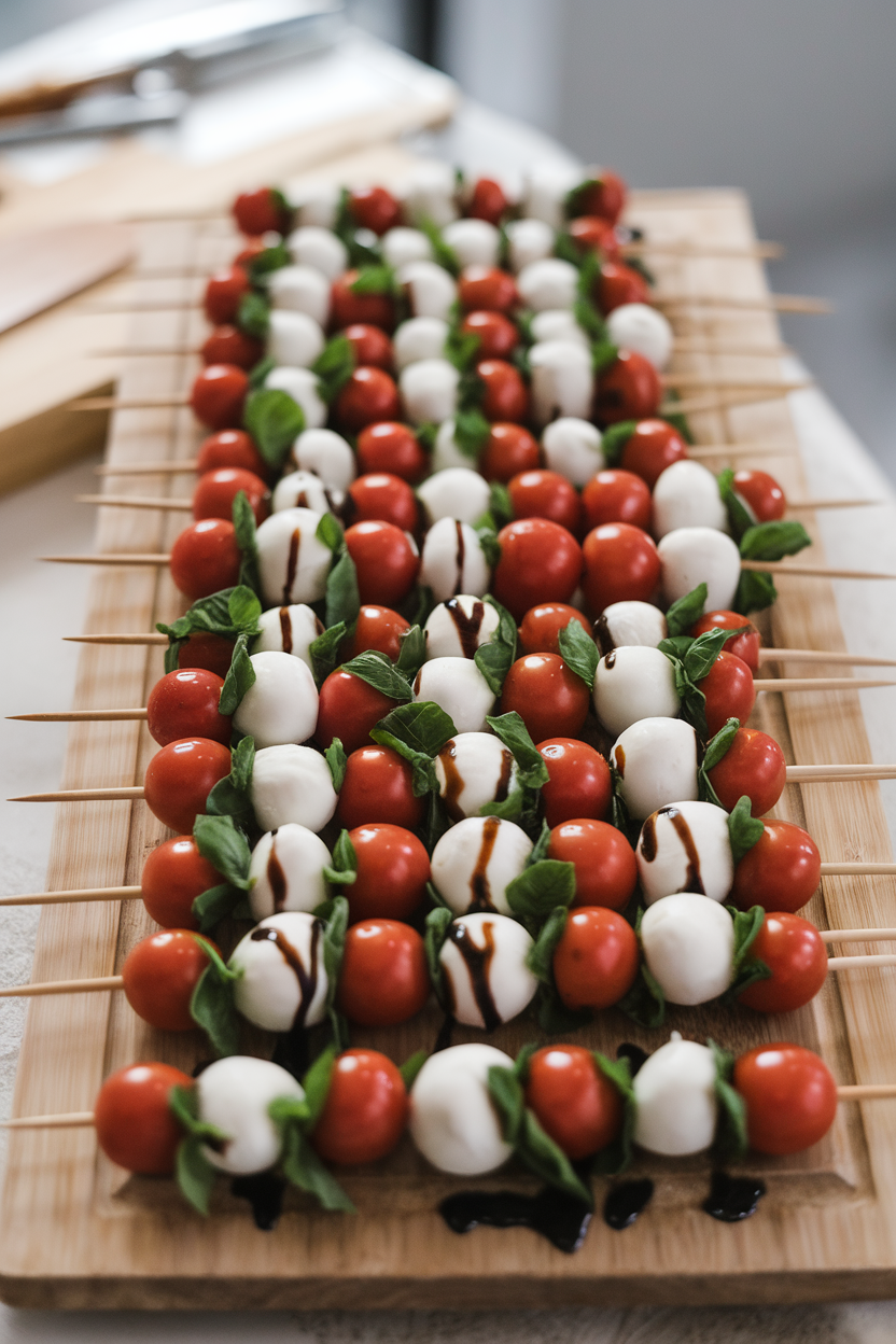 Indoor wooden board lined with mini skewers alternating cherry tomatoes, mozzarella balls, and basil leaves, light drizzle of balsamic visible. No branding.