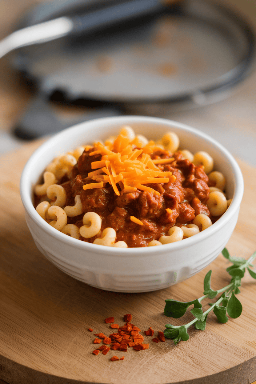 An indoor pot of elbow macaroni mingled with beef chili, topped with a sprinkle of cheddar; photo, no text or logos.