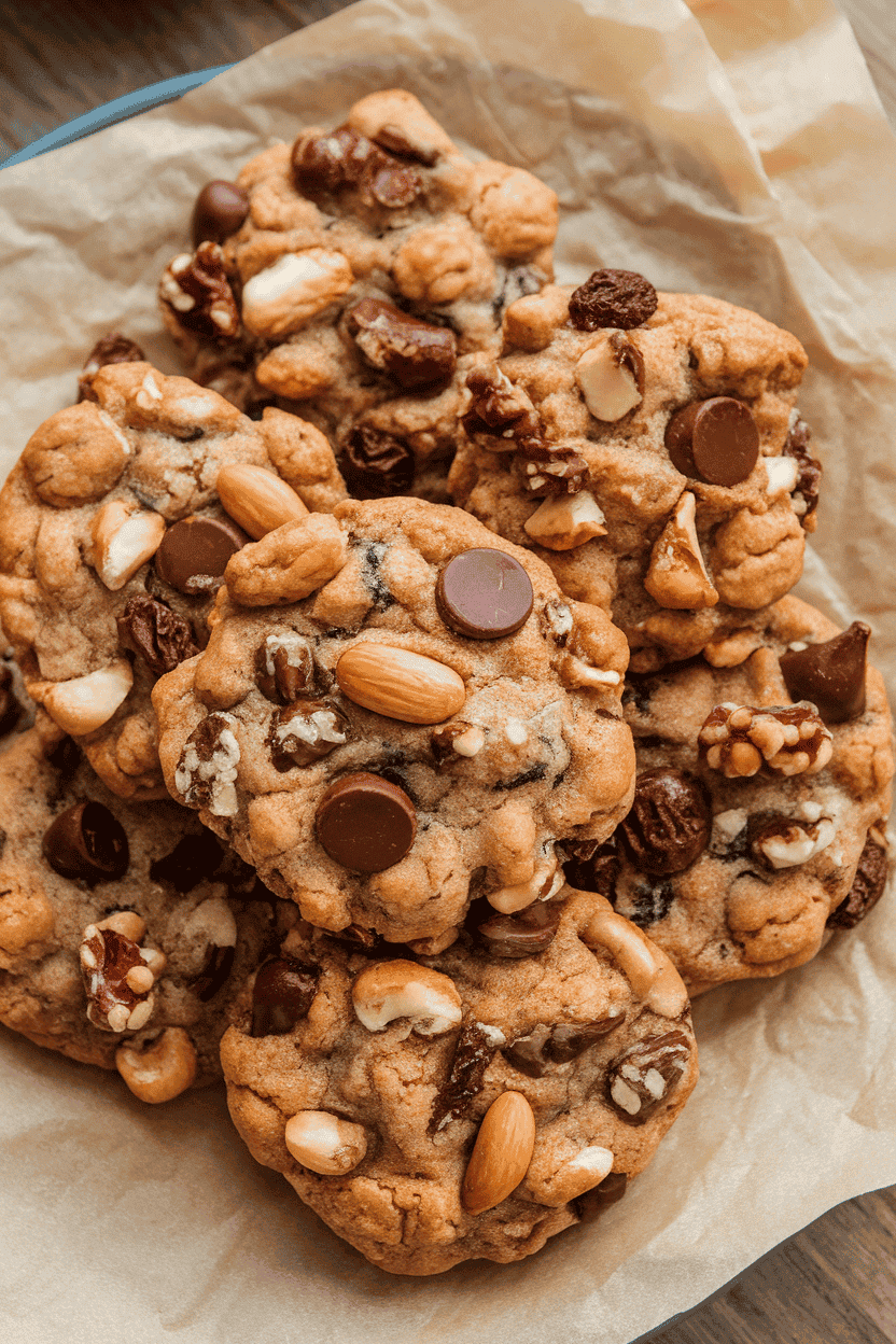 Indoor photo of chunky cookies loaded with nuts, chocolate chips, and dried fruit stacked on a parchment-lined plate. No logos or text.