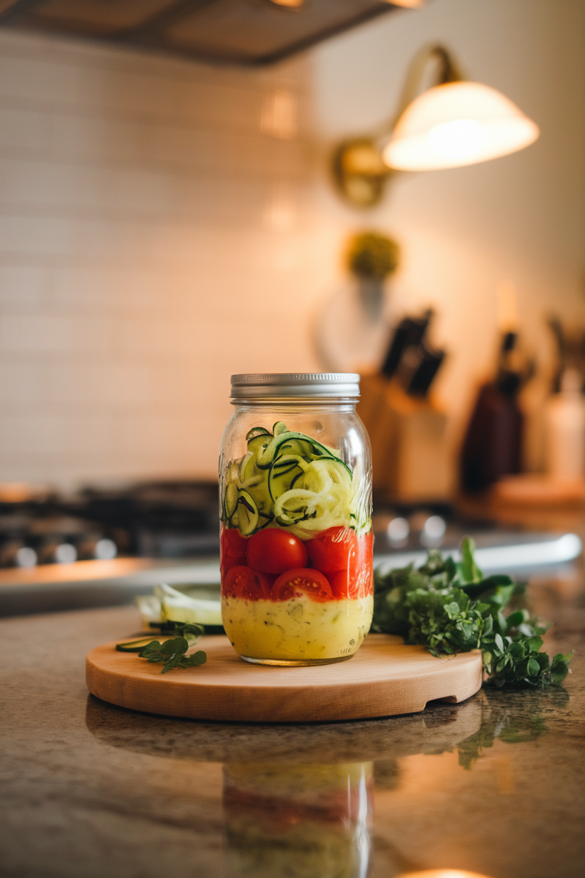 Photo — an indoor kitchen island showcasing a mason jar layered with spiralized zucchini, cherry tomato halves, and lemon vinaigrette at the bottom. Warm lighting; no text or logos.