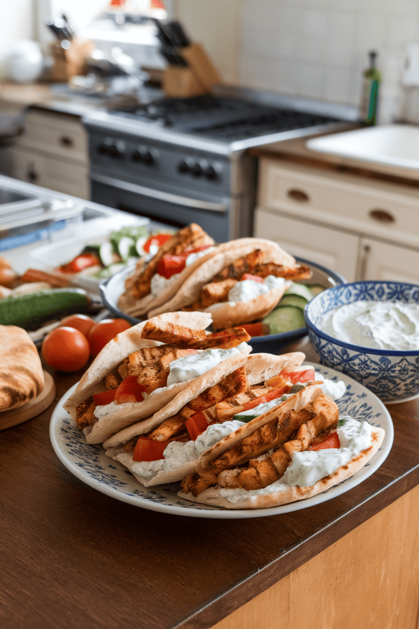 An indoor kitchen island featuring stuffed pitas filled with grilled chicken strips, tomatoes, cucumber, and tzatziki, no visible branding.
