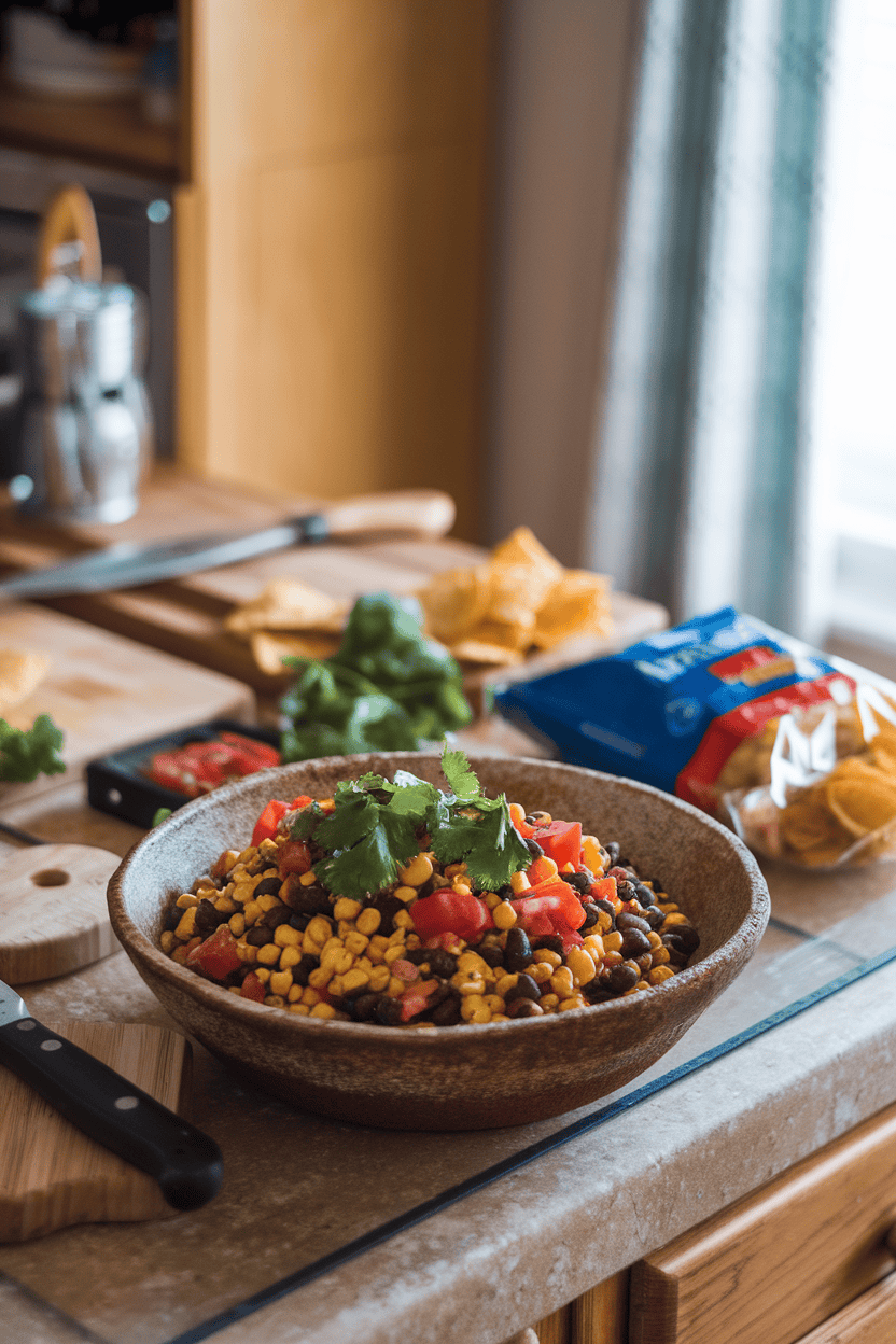 An indoor kitchen island with a rustic bowl of salsa featuring charred corn kernels, black beans, tomatoes, and cilantro. No logos in view.