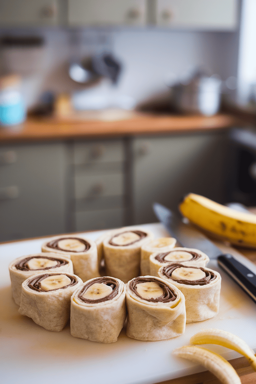 Photo prompt: Indoor cutting board with sliced tortilla roll-ups showing a swirl of Nutella and banana rounds; no text or logos.