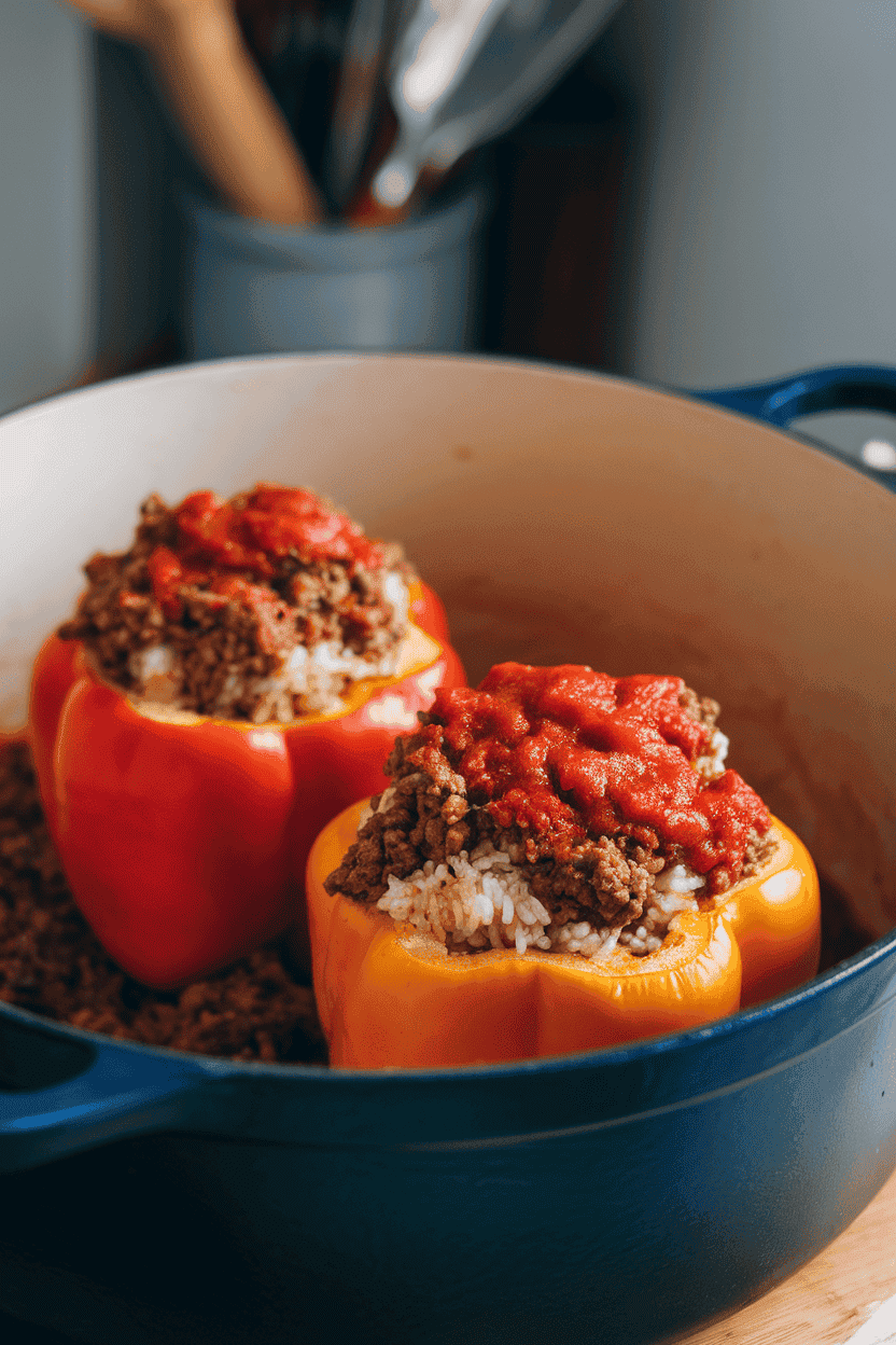 Photo of two cooked bell peppers filled with rice, ground beef, and tomato sauce in a Dutch oven indoors. No text or logos appear.