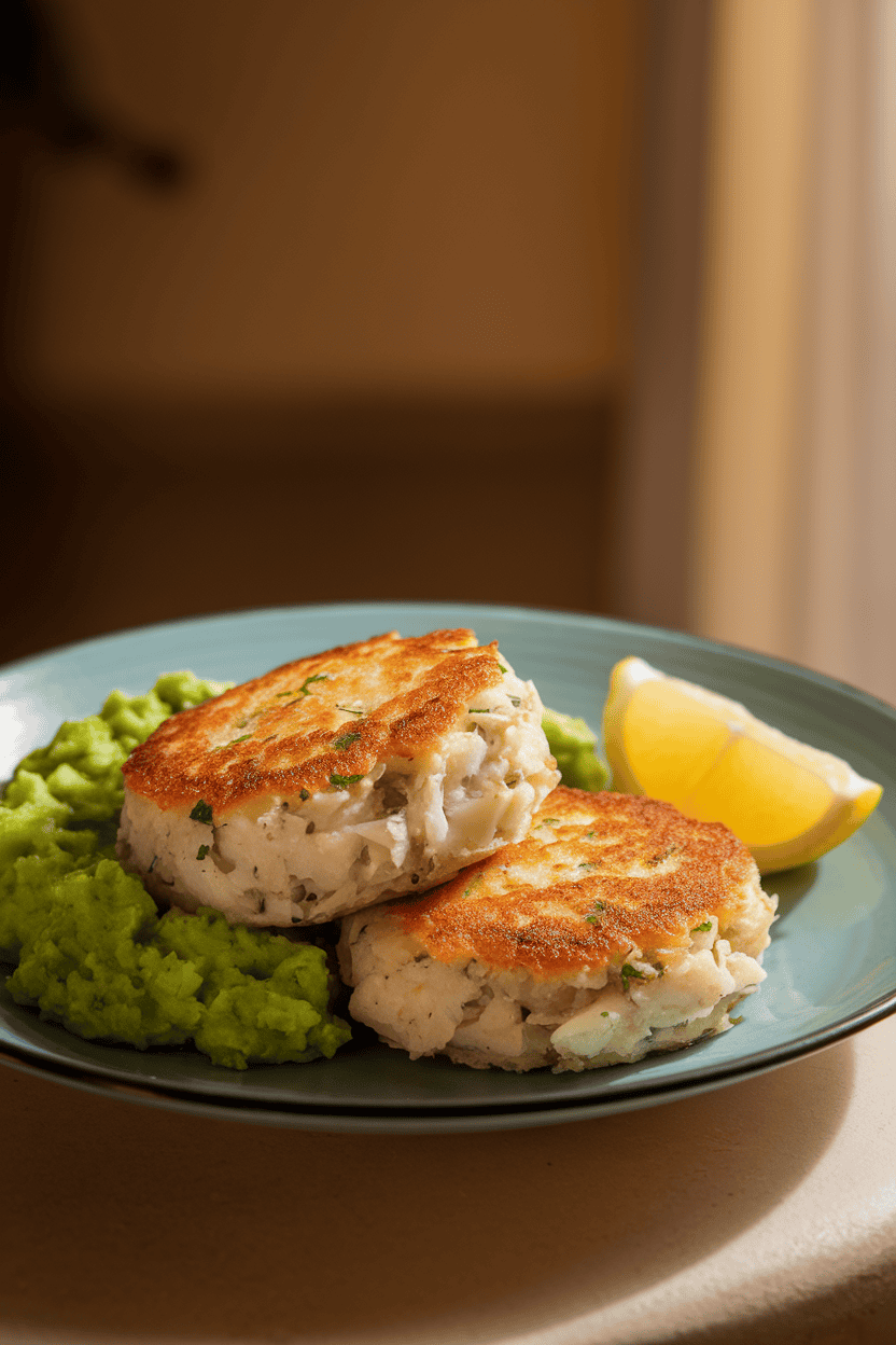 Indoor plate with two golden-brown fish cakes made from cooked white fish, served beside bright green mashed peas and a lemon wedge. No text or logos, warm indoor light. Photo only.