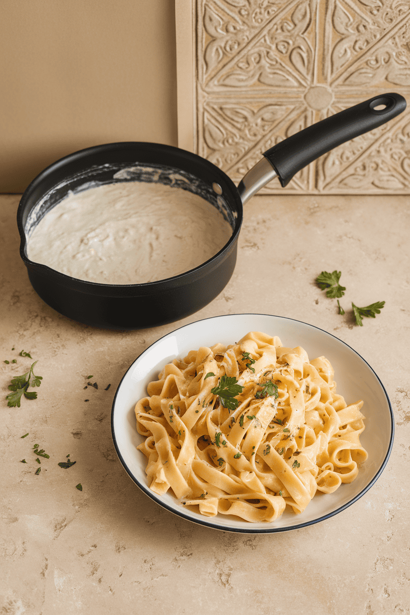 An indoor countertop with a saucepan of creamy white cauliflower Alfredo sauce beside a plate of fettuccine sprinkled with parsley. No text or logos visible.