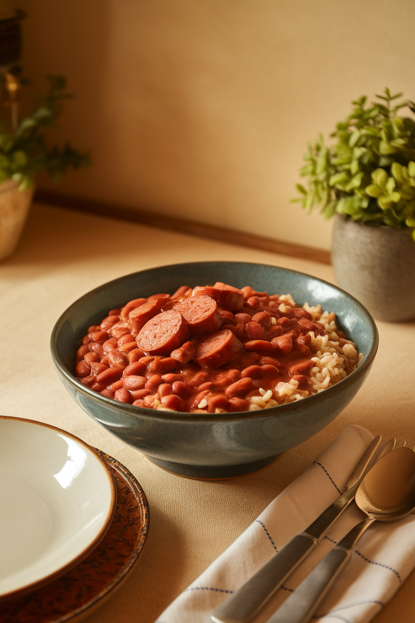 An indoor kitchen table depicting a bowl of red beans and rice, smoky sausage slices on top, captured under warm indoor lighting. No visible text or logos.