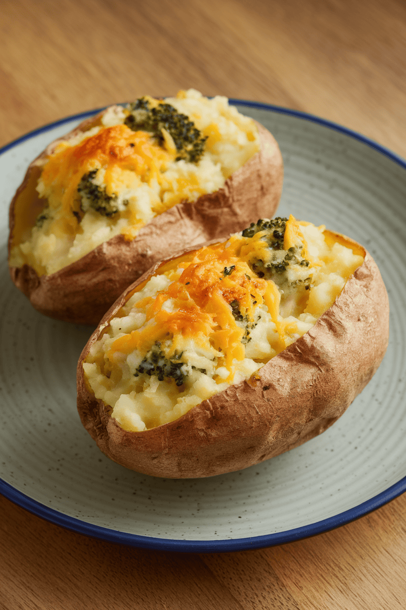 Indoor dinner plate with two halved russet potatoes stuffed with cheesy mashed filling and bits of broccoli, tops lightly browned. No logos or text.