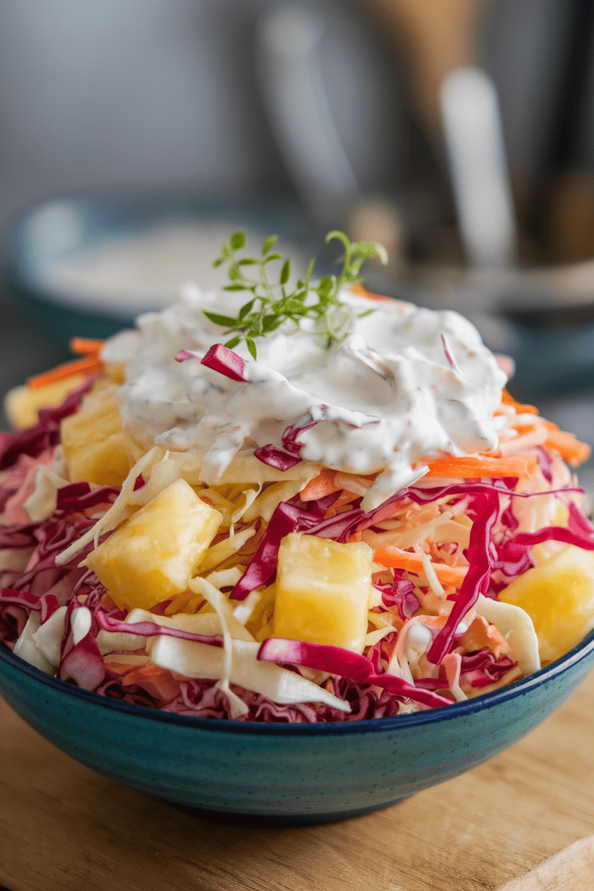 Indoor bowl of shredded cabbage mixed with pineapple tidbits, carrot, and a creamy yogurt dressing. Photo only, no text or logos.