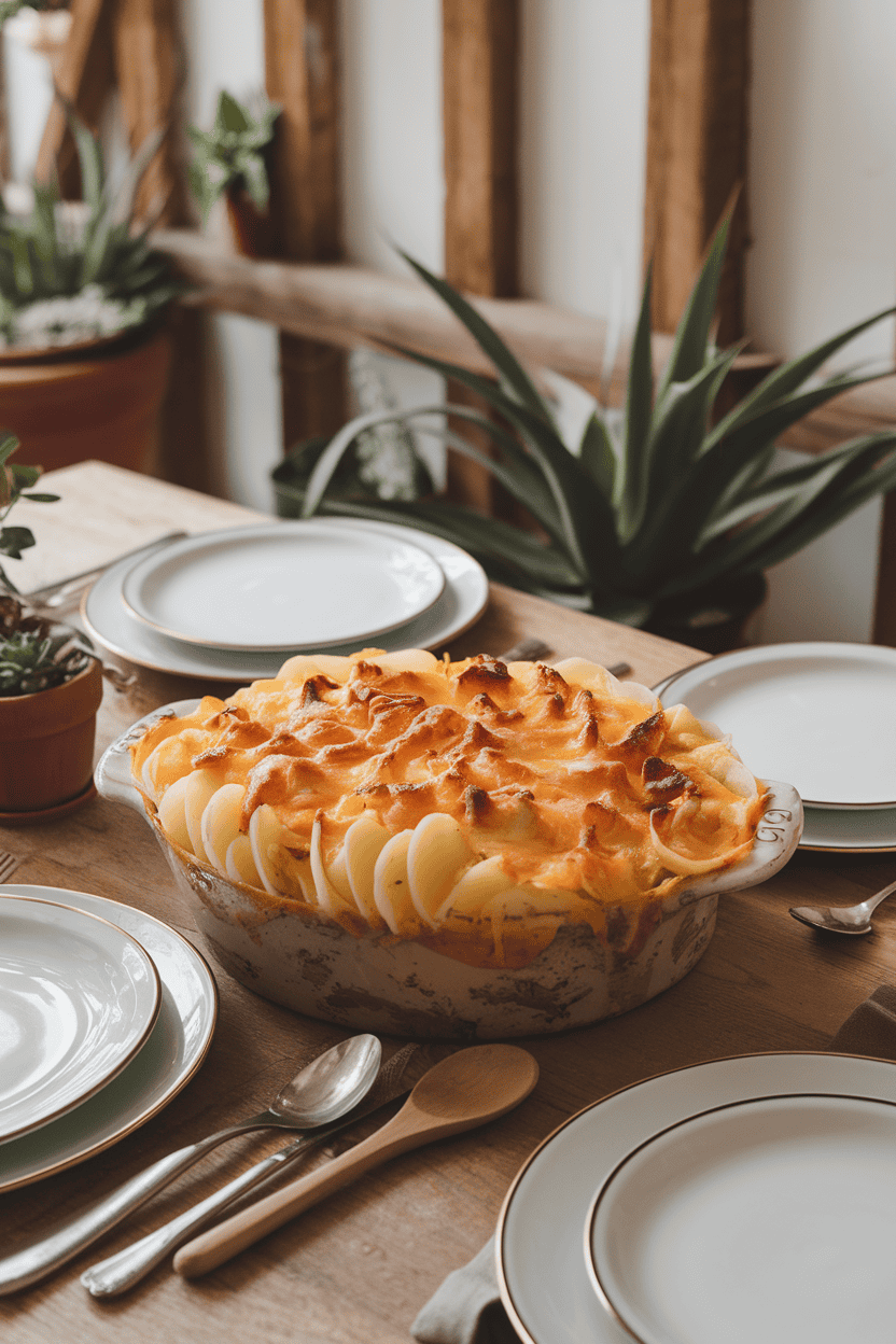 Photo of a cozy indoor dining table featuring a casserole of thinly sliced potatoes and diced ham in a creamy cheese sauce, browned on top. No text or logos present.