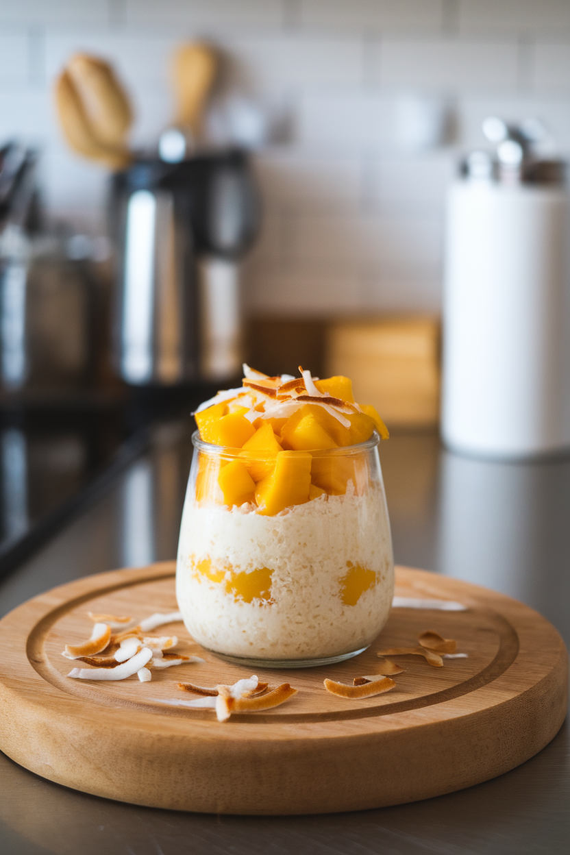 Indoor kitchen counter photo of a small glass jar layered with creamy coconut rice pudding and diced ripe mango, topped with toasted coconut flakes. No visible logos or text.