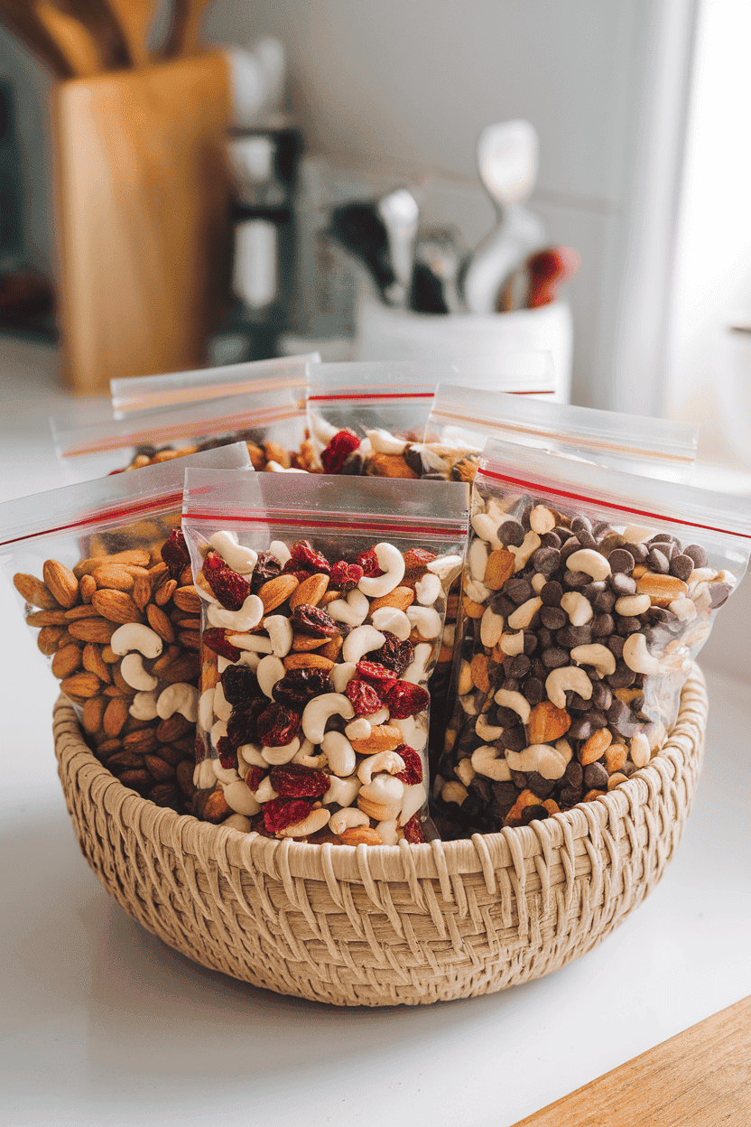 A brightly lit indoor kitchen counter with several clear zipper bags of colorful trail mix—almonds, dried cranberries, cashews, and chocolate chips—piled neatly in a shallow woven basket. No text or logos visible. Photo, not illustration.