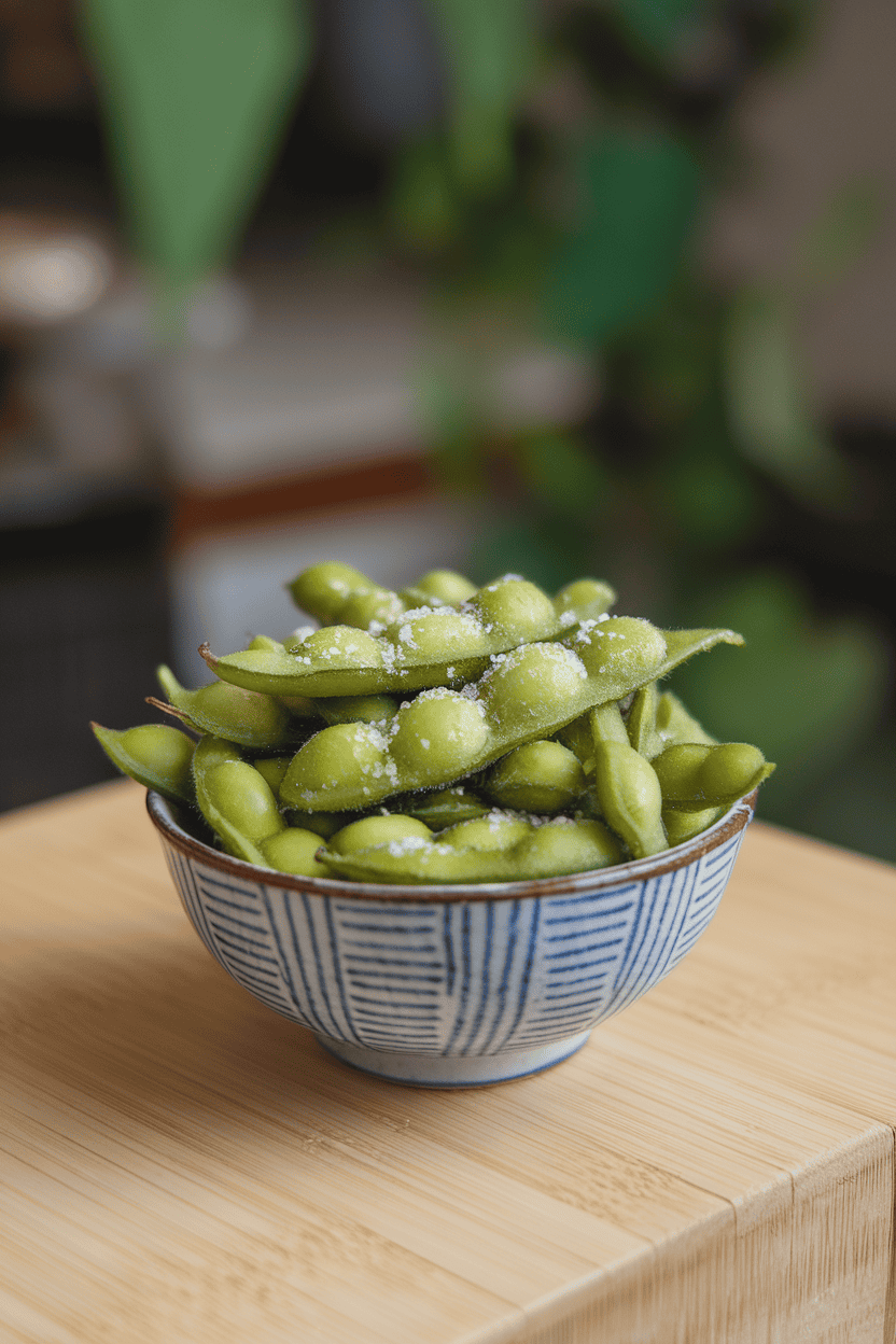 A photo of a small indoor bowl piled with bright green cooked edamame pods dusted with coarse salt, no text or logos.