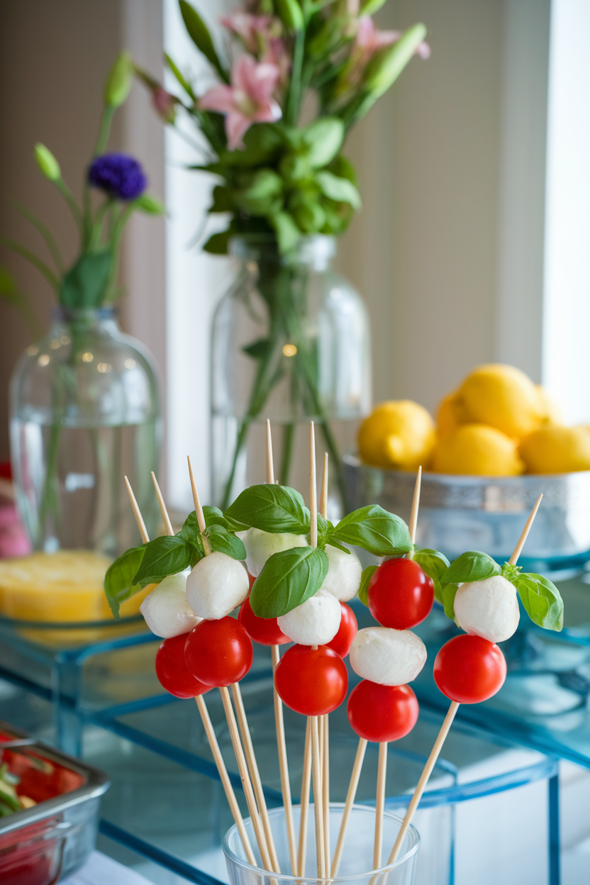 Photo — an indoor buffet table with toothpick skewers holding cherry tomatoes, fresh mozzarella balls, and basil leaves. Gentle overhead lighting; no text or logos visible.