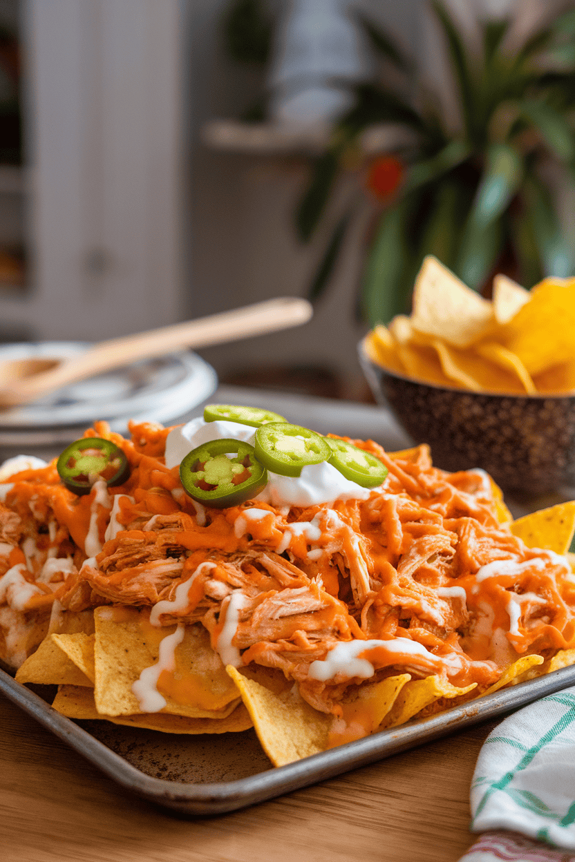 Indoor dining table featuring a rimmed baking sheet piled with melted-cheese nachos topped with shredded BBQ chicken, jalapeño slices, and a drizzle of sour cream; no text or logos anywhere.
