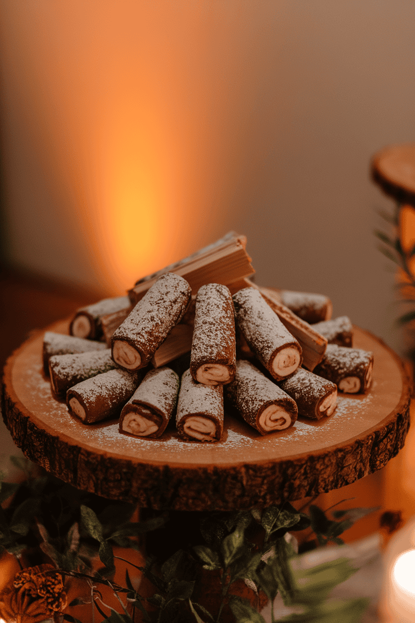 An indoor serving board with mini chocolate Swiss rolls dusted in powdered sugar to resemble firewood, warmly lit. No brand names or text visible; photo only.