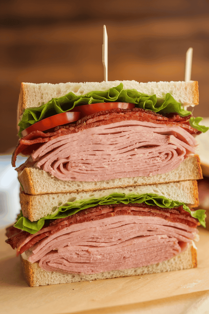 Indoor photo of stacked turkey club sandwich halves secured with wooden picks, revealing layers of roast turkey, bacon, lettuce, and tomato on toasted sourdough. Slight side angle, no text or logos.