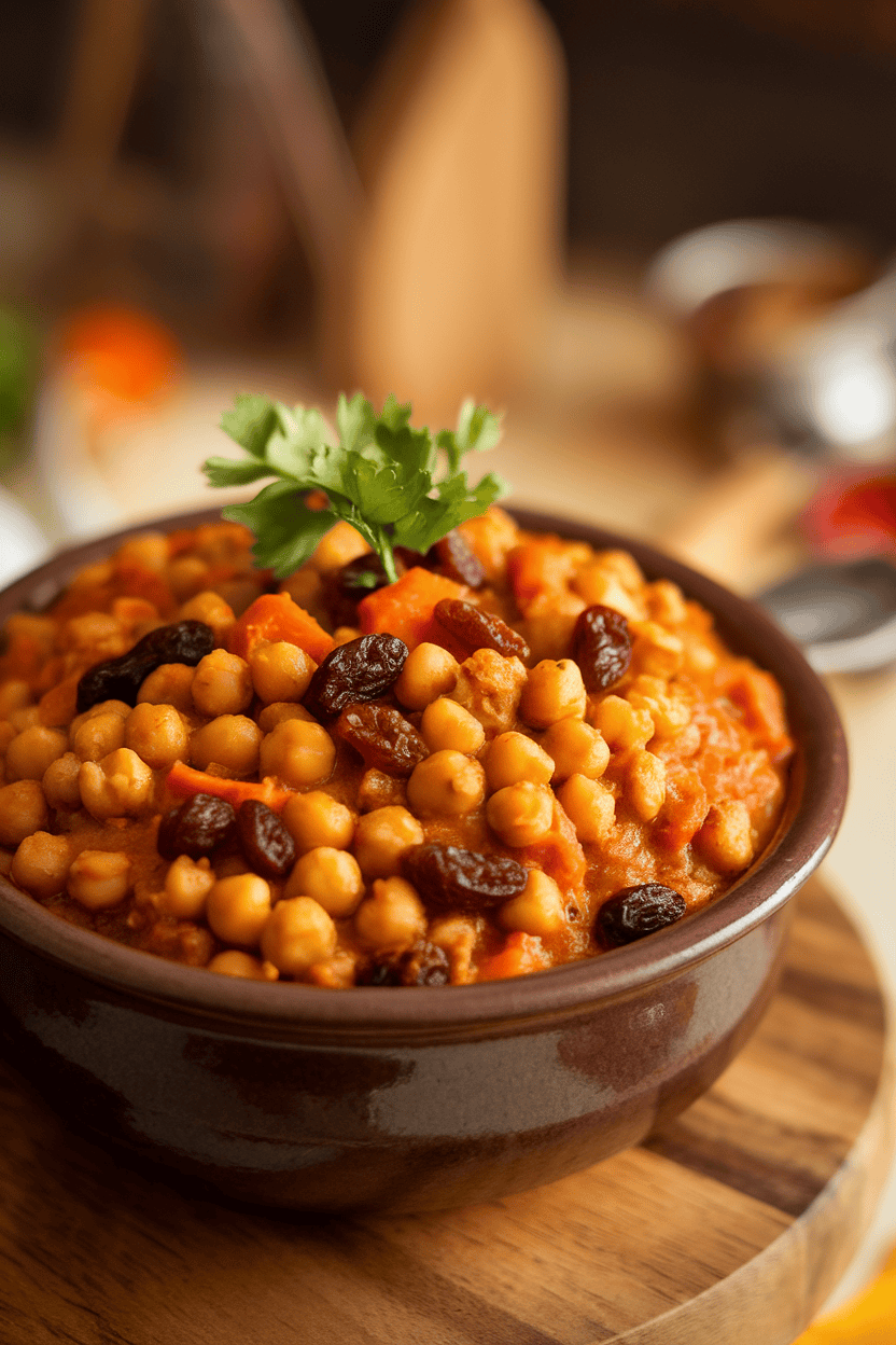 Photo indoors of a deep bowl of spiced chickpea stew dotted with raisins and carrots, garnished with parsley; no text or logos.