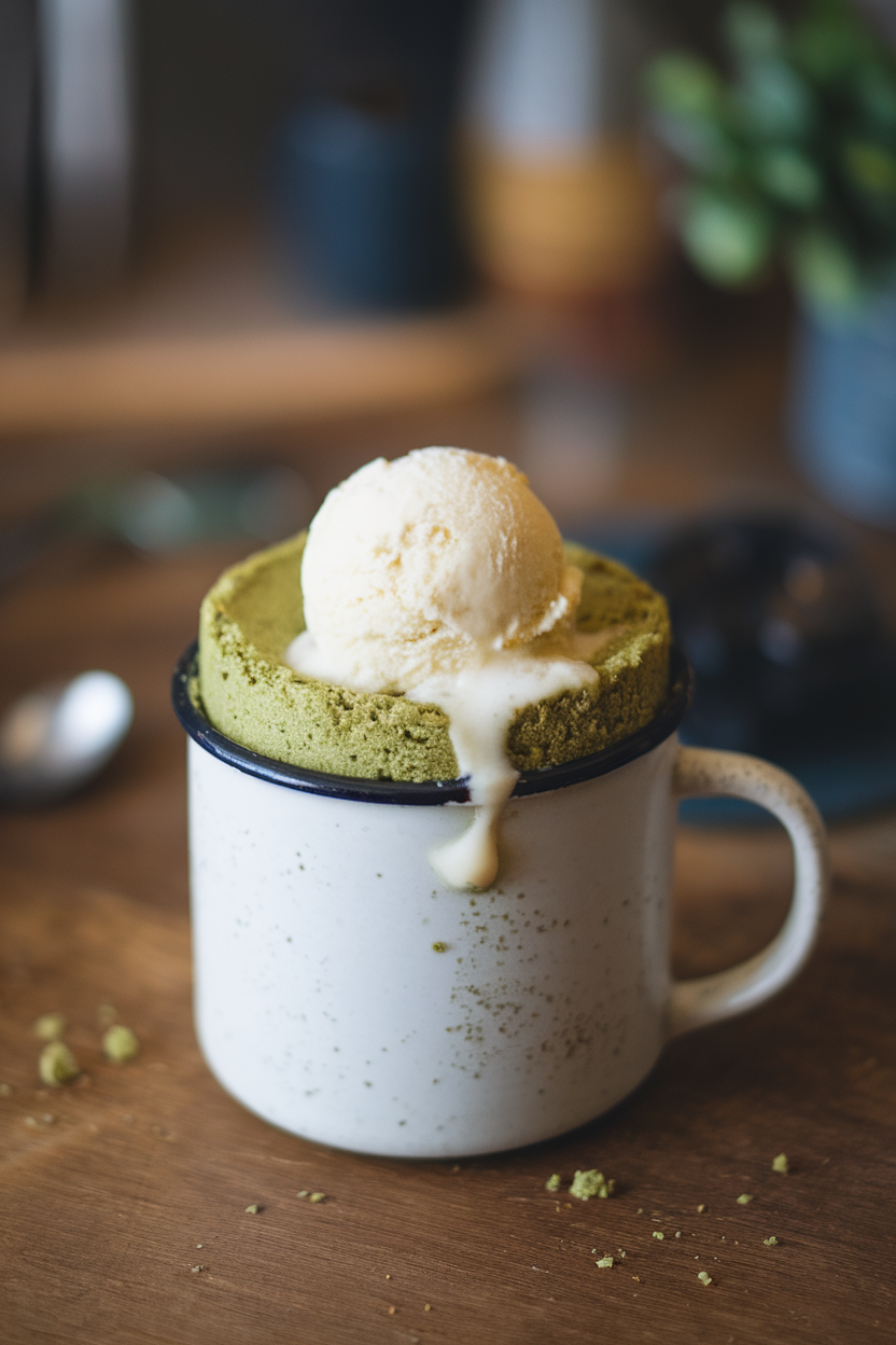 Indoor photo of a white mug containing a pale green matcha cake topped with a small scoop of vanilla ice cream beginning to melt. No text or logos present.