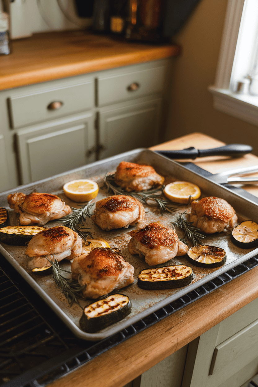 Photo of a sheet pan on a kitchen island holding browned chicken thighs with lemon slices, rosemary sprigs, and blistered zucchini; indoor lighting; no text or logos.