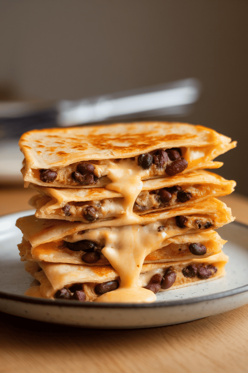 Photo of a stack of golden, pan-toasted quesadilla wedges oozing melted cheese and black bean filling on a simple white plate in an indoor setting; no text or logos on dishware.