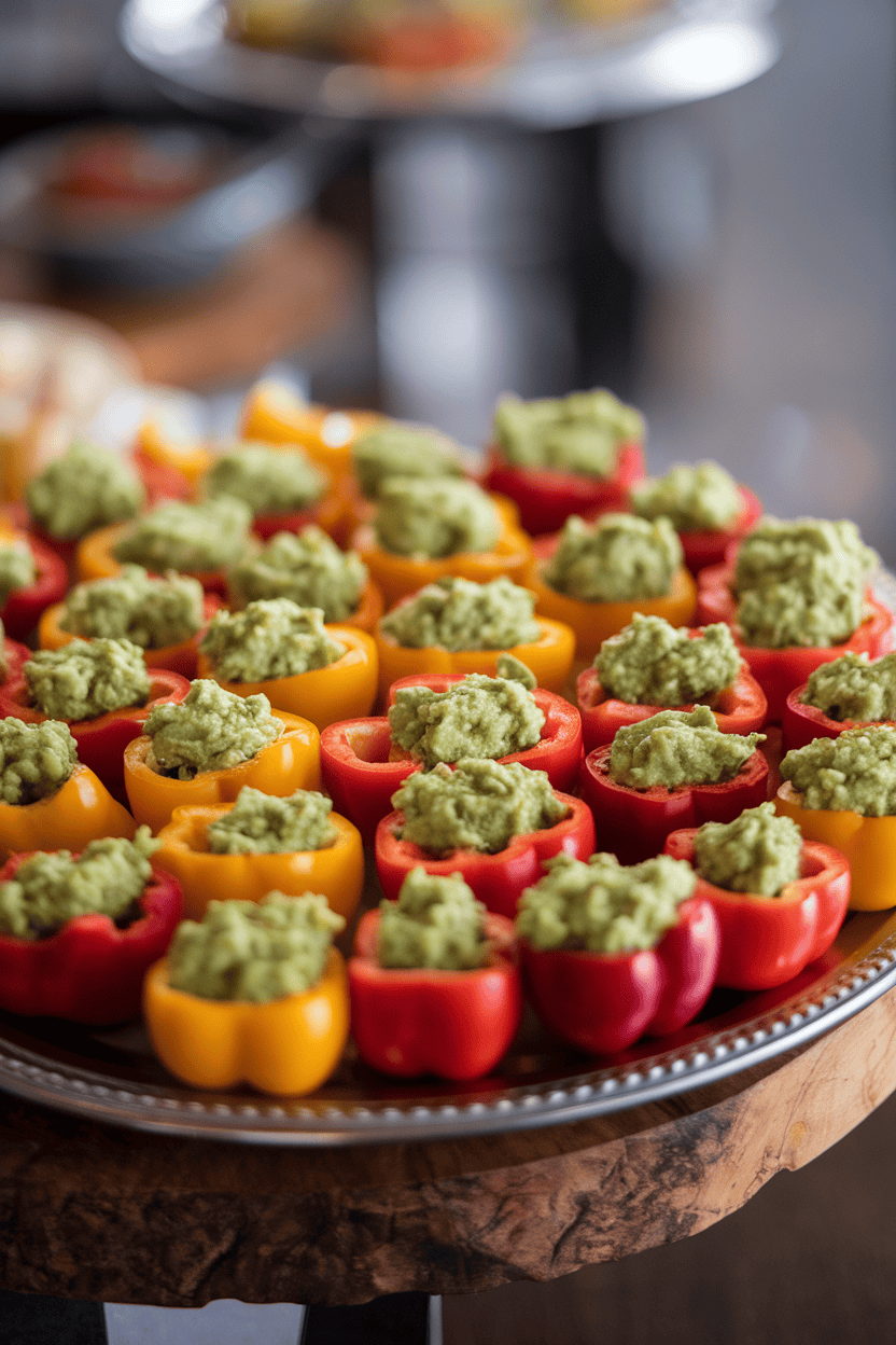 An indoor platter of halved mini bell peppers filled with chunky guacamole, colors red, yellow, and orange providing visual contrast. No text or logos. Photo only.