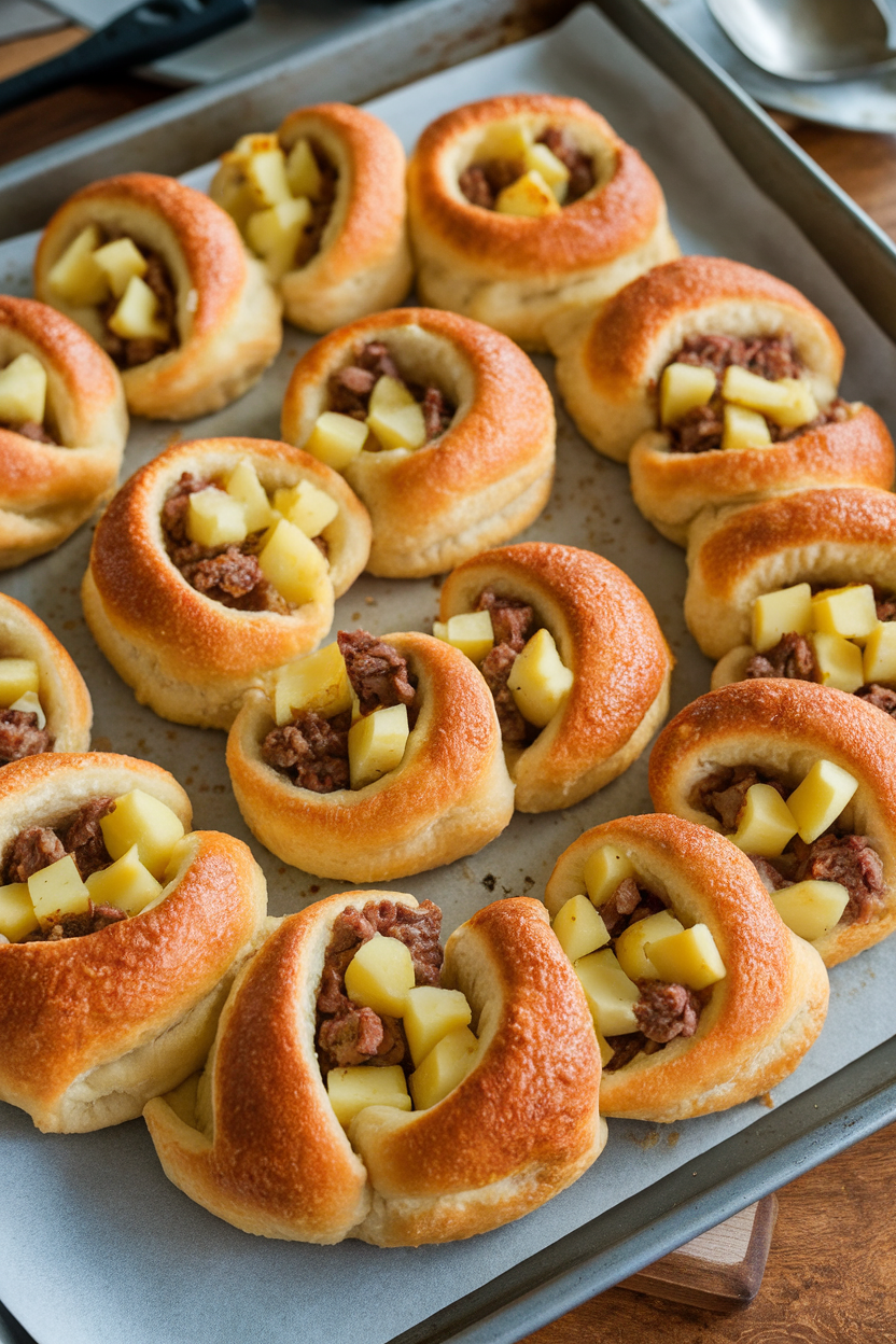 Indoor baking sheet with crescent-roll dough spirals stuffed with beef, diced potatoes, and cheese, golden and puffed. No logos or text. Photo, not illustration.