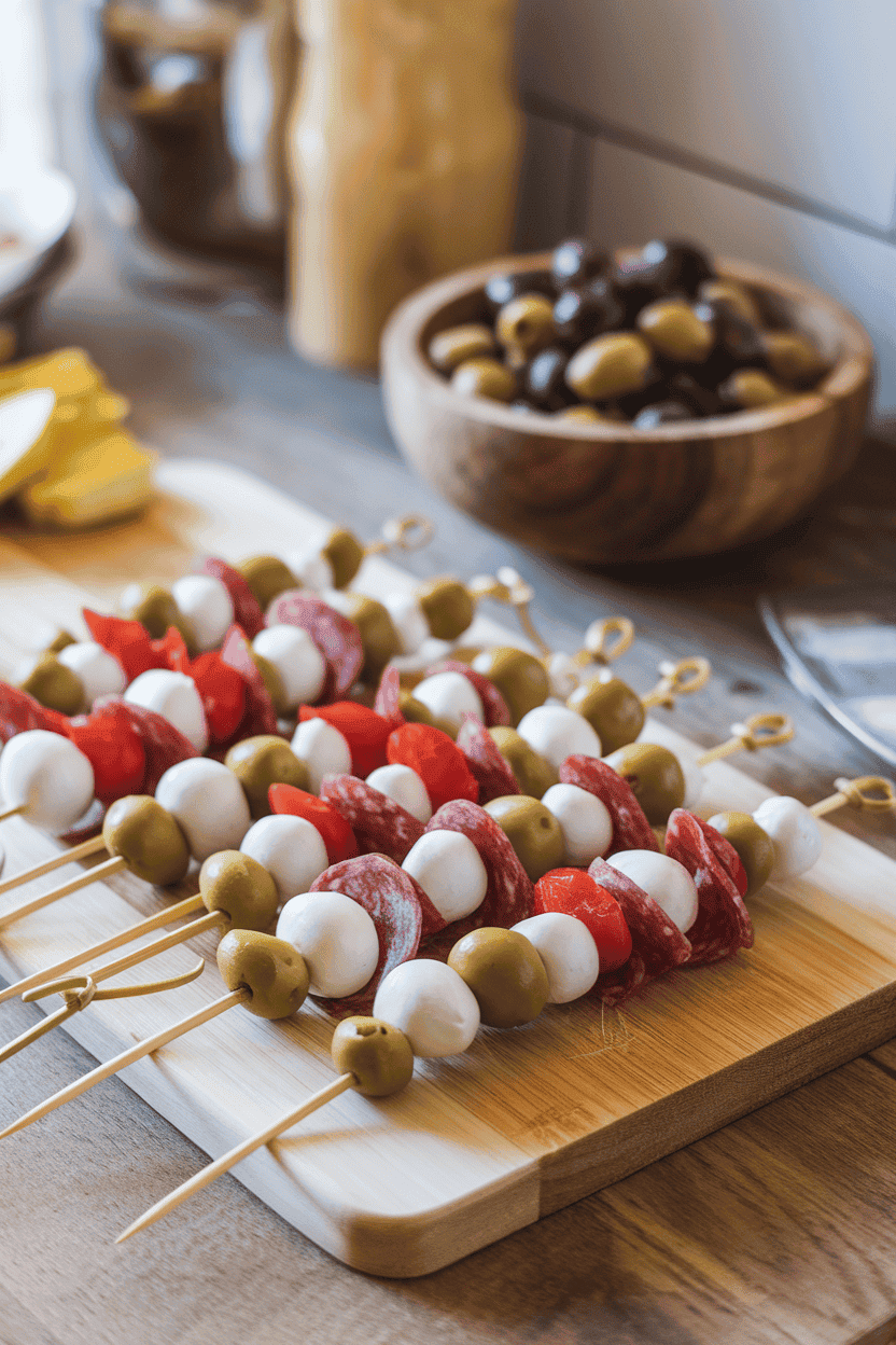 An indoor cutting board displaying colorful appetizer skewers threaded with mozzarella balls, salami slices, olives, and cherry tomatoes. Soft studio lighting, no text or logos.