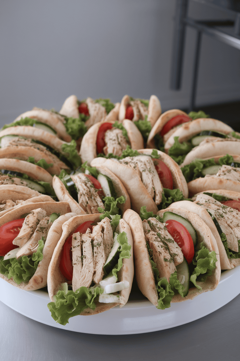 Indoor photo of open pita halves filled with lettuce, tomato, cucumber, and herbed chicken pieces, placed on a plain white platter; no text or logos.