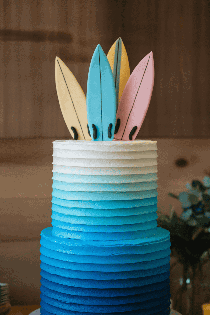 Indoor photo of a tall ombre cake fading from deep ocean blue at the base to white at the top, finished with gum-paste surfboards sticking upright; no logos or text visible.