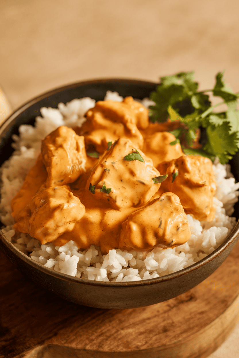 Indoor rice bowl filled with creamy orange butter chicken sauce coating bite-size chicken pieces, cilantro garnish optional. No text or logos.