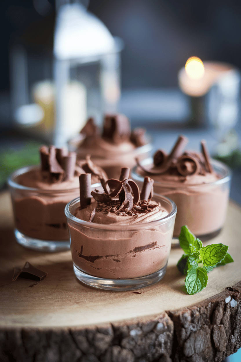 Indoor photo of small glass ramekins filled with airy chocolate mousse, topped with shaved chocolate curls; subtle lighting; no text or logos