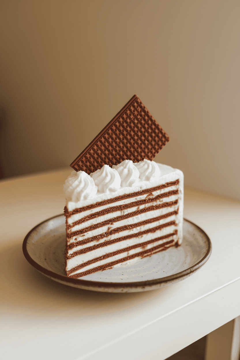 Indoor photo of a slice of chocolate wafer icebox cake showing distinct cookie and whipped cream layers on a simple plate; no text or logos