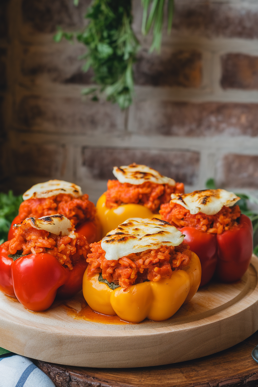 Indoor photo of brightly colored bell peppers filled with tomato rice mixture, tops slightly charred, no text or logos