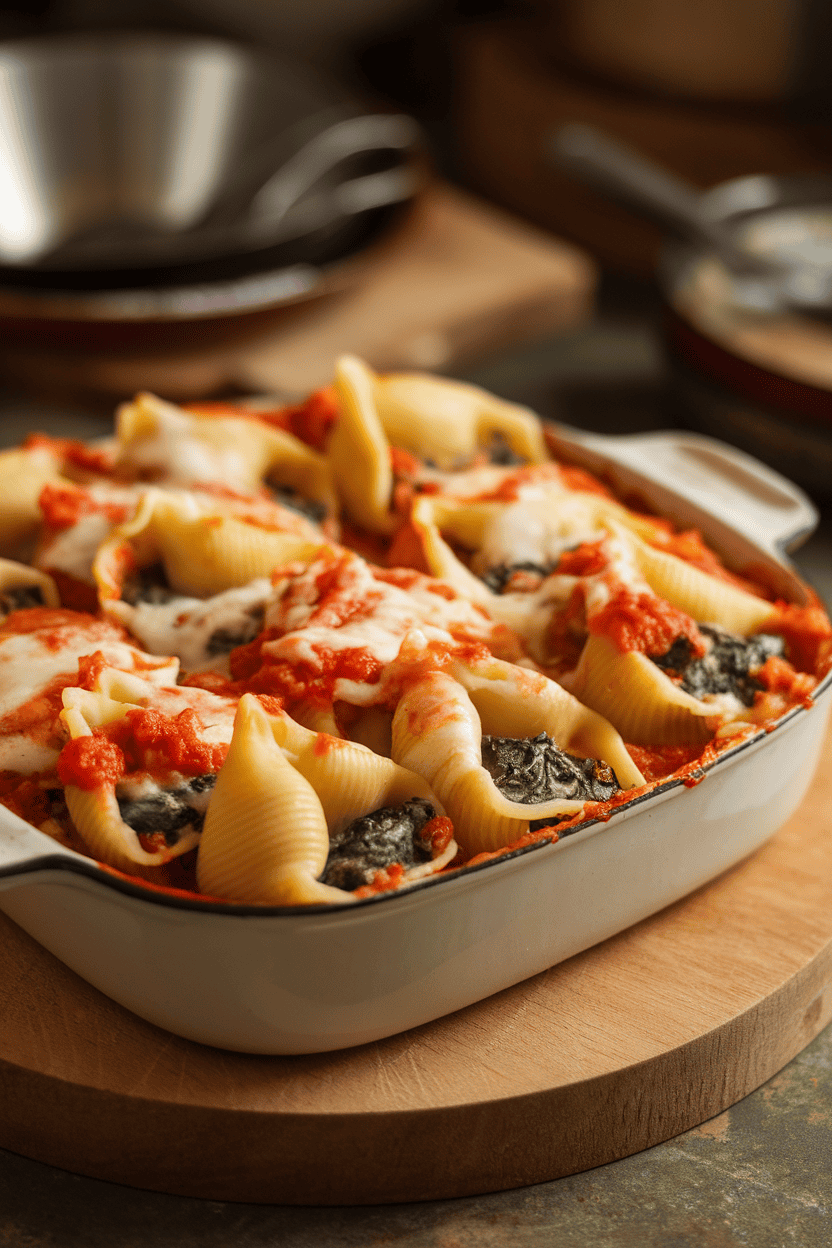 Photo, indoor casserole dish, jumbo pasta shells filled with spinach-ricotta mix and topped with tomato sauce, cheese melting; no text or logos.