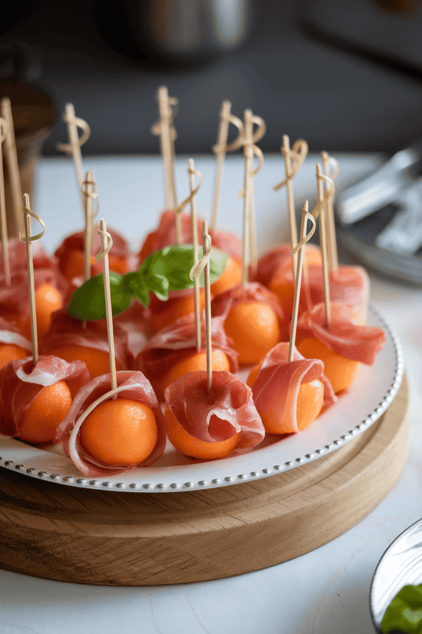 Indoor photo of cantaloupe balls wrapped in thin prosciutto slices on short skewers, arranged on a white platter. Soft, diffused lighting; no text or logos present.