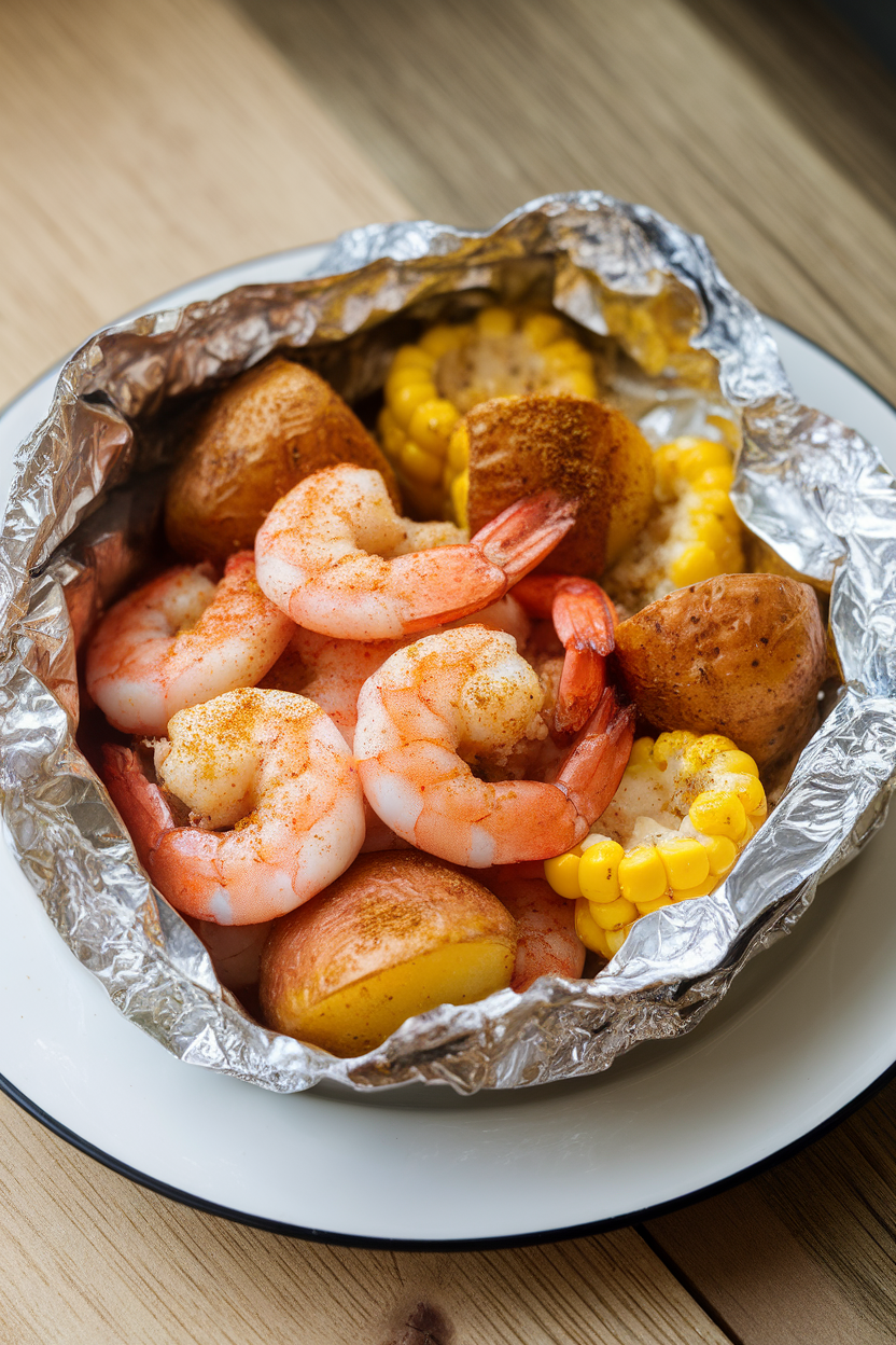 Indoor photo of an opened foil packet showing cooked shrimp, corn rounds, and potato chunks dusted with Cajun seasoning on a white plate. No text or logos anywhere.