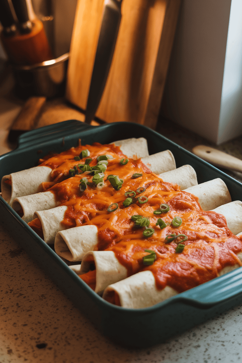 A baking dish on an indoor countertop showing rolled enchiladas topped with red sauce and melted cheese, ends of sweet potato filling peeking out. No text or logos in view.