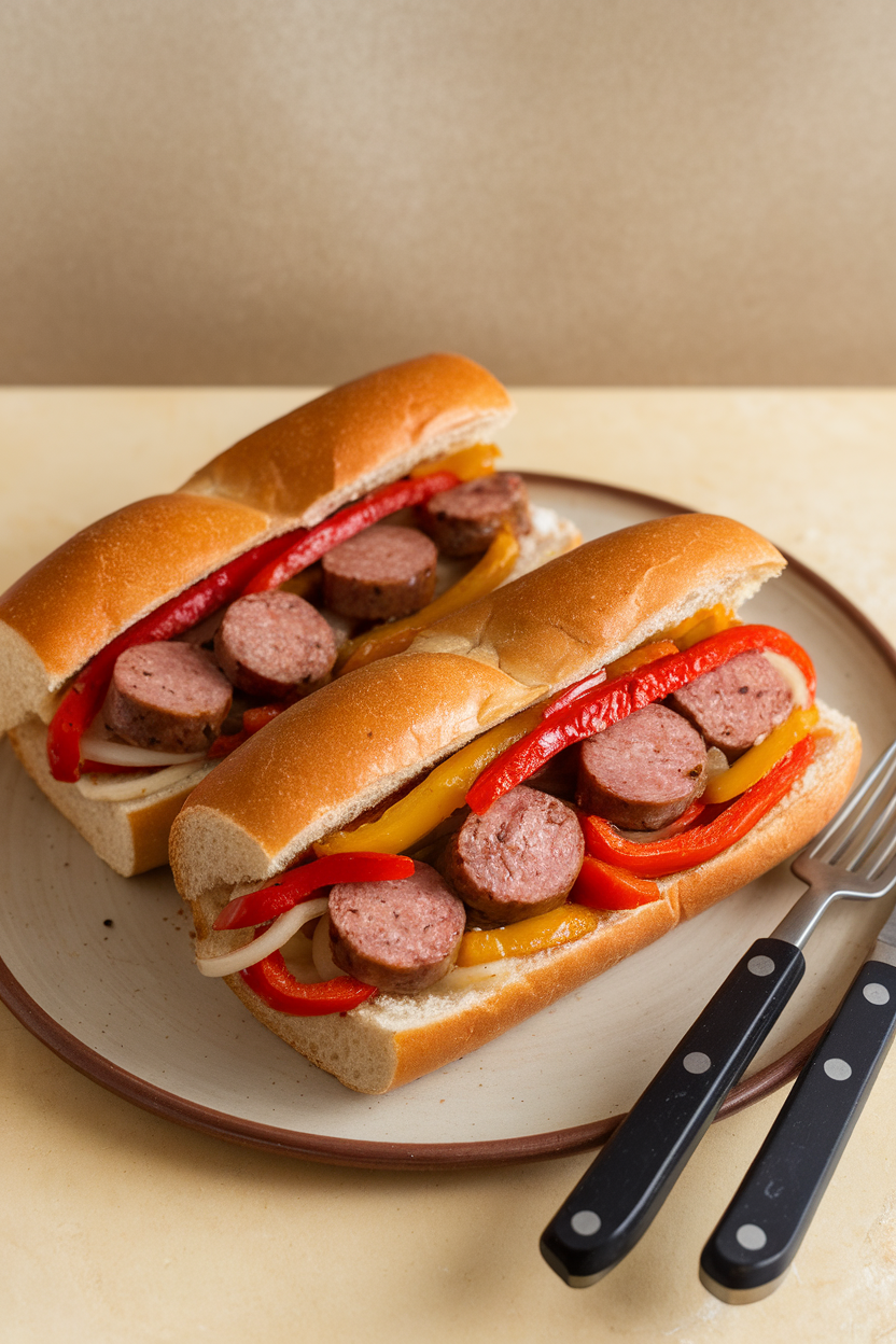 Indoor photo of two toasted hoagie rolls stuffed with sliced sausage, sautéed bell peppers, and onions on a simple ceramic plate. No logos or text in view.