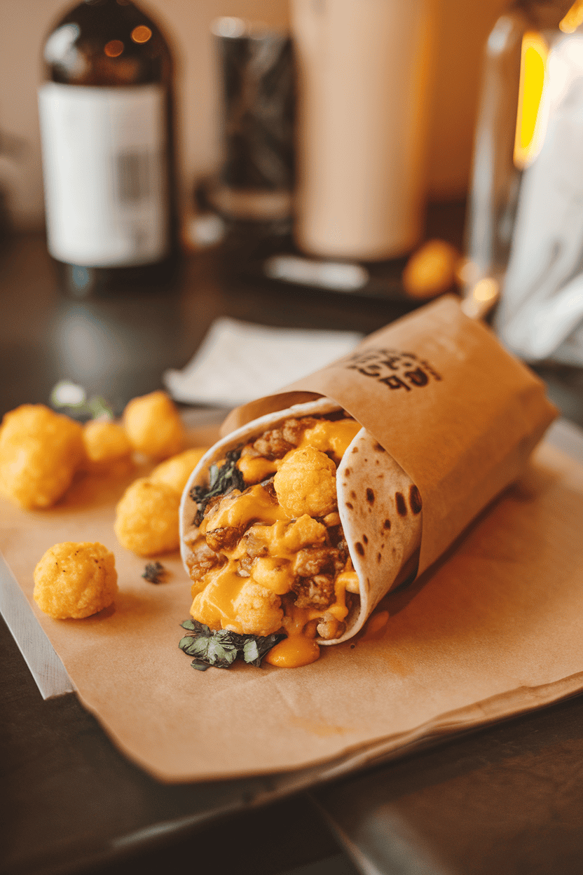 Indoor tabletop showing a burrito brimming with crispy cauliflower tater tots and melted cheddar. No text or logos present. Photo, not illustration.