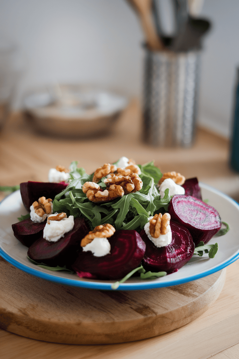 Indoor salad plate displaying sliced roasted beets, dollops of goat cheese, arugula, and toasted walnuts. Photo only, no text or logos.
