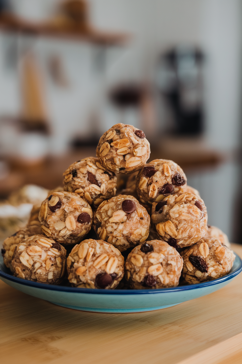 Photo of an indoor plate piled with round oat, nut, and dried fruit energy bites, a few chocolate chips visible. Even lighting; no logos or text.
