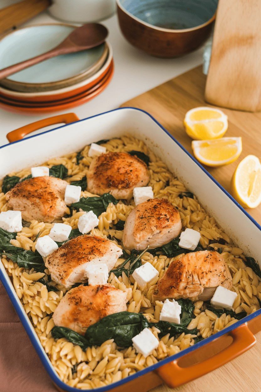Photo inside a home kitchen showing a casserole of orzo pasta, roasted chicken pieces, spinach, and feta, lemon wedges on the side. No text or logos anywhere in scene.