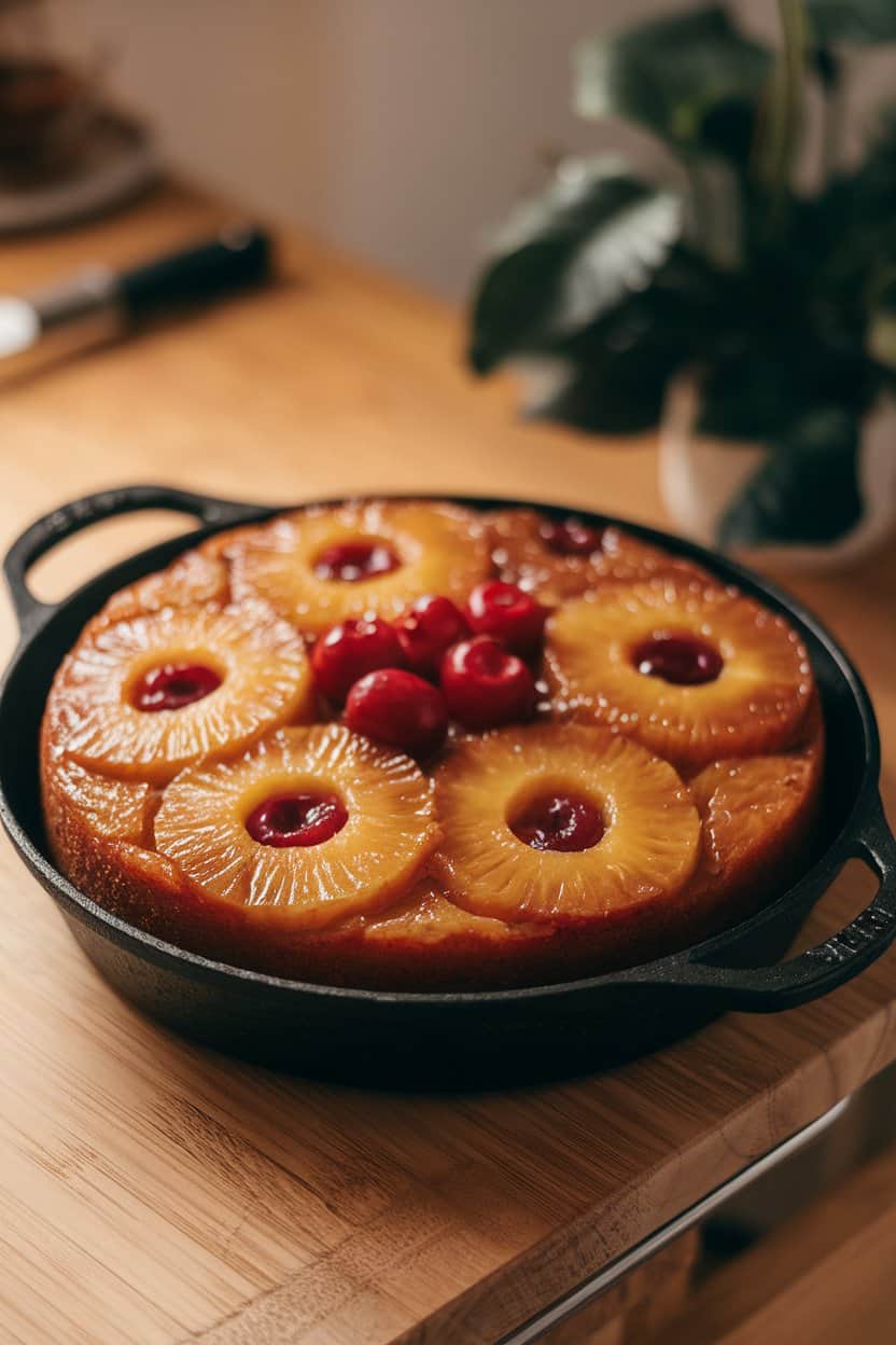  A small cast-iron pan placed on an indoor table holding a pineapple upside-down cake with caramelized rings and cherries in the center. Slight overhead angle, no logos, no text. Photo, not illustration.