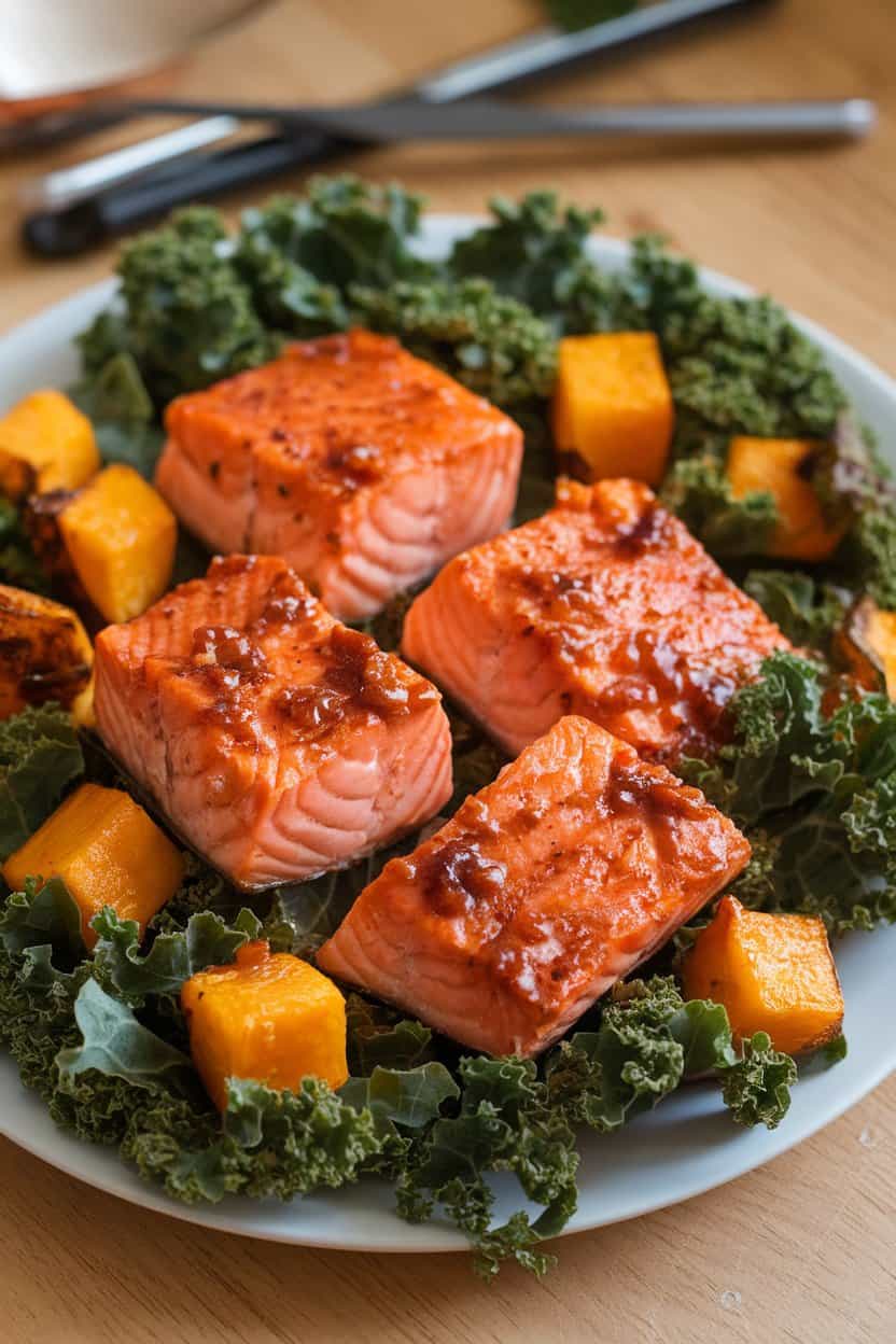Indoor image of flaky maple-glazed salmon chunks nestled into kale leaves with roasted squash cubes. No text or logos.