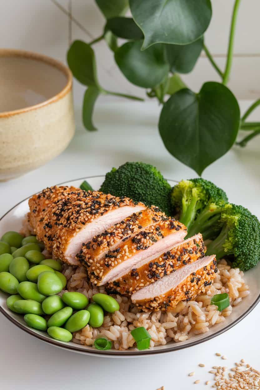 Indoor image of sliced sesame-crusted chicken breast over brown rice, edamame, and steamed broccoli florets. No text or logos.