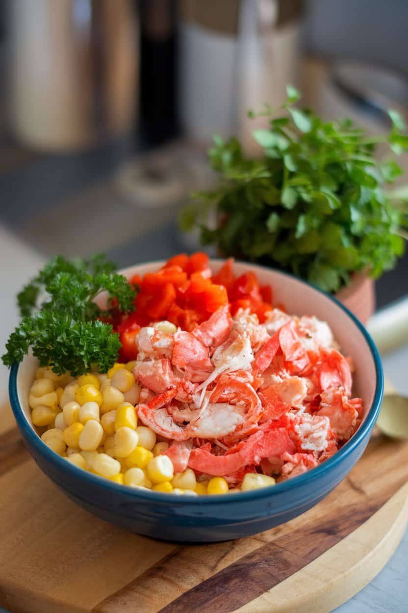 Indoor shot of a bowl filled with cooked lump crab meat, grilled corn kernels, diced red pepper, and parsley. No logos or text.